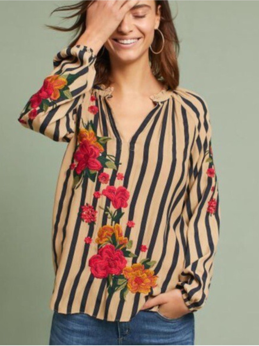 Anthropologie Akemi Kin Manuela Embroidered Blouse Red Floral Embroidery Small